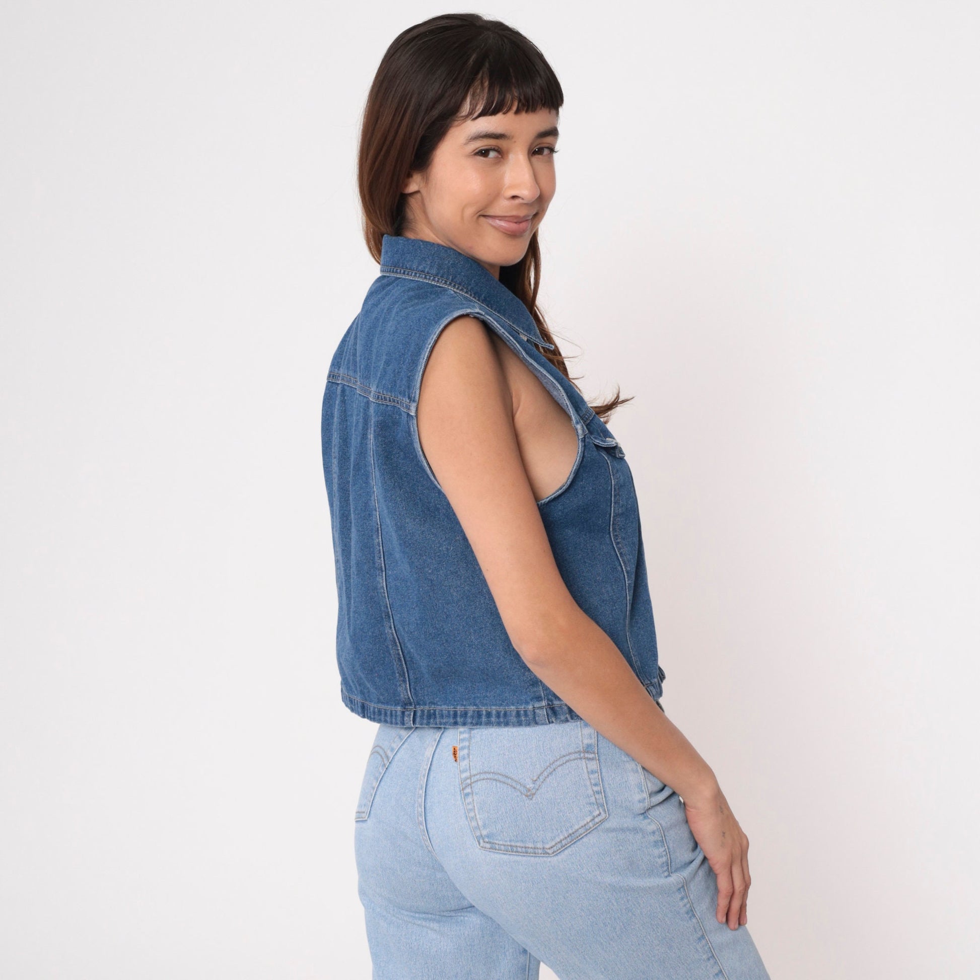 90s Blue Denim Sleeveless Button-Up Shirt Collared Tank Medium