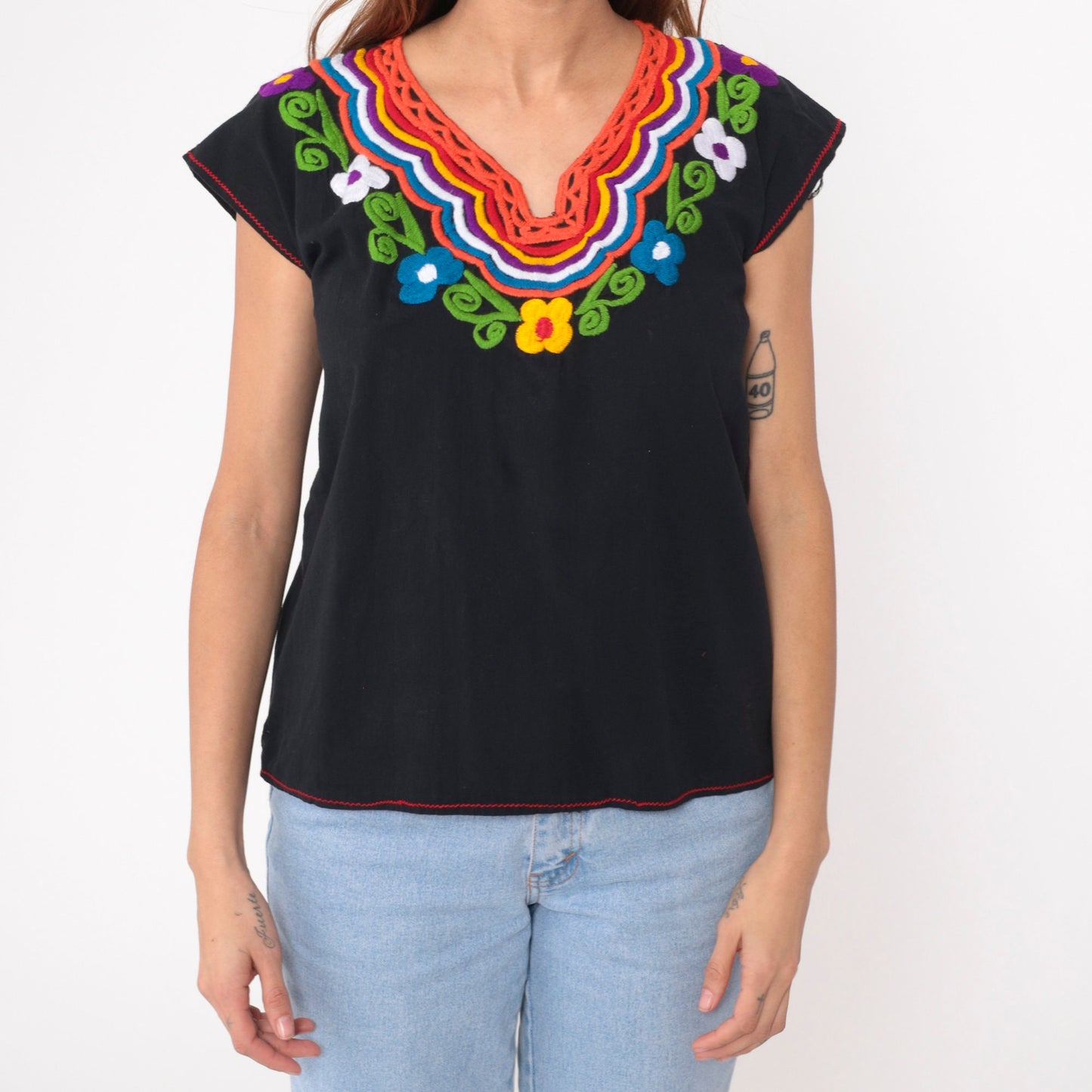 90s Mexican Floral Embroidered Blouse Black Cotton Short Sleeve Medium