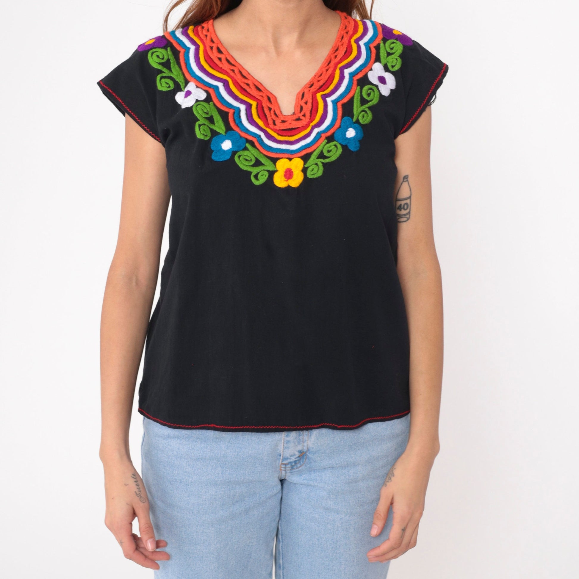 90s Mexican Floral Embroidered Blouse Black Cotton Short Sleeve Medium