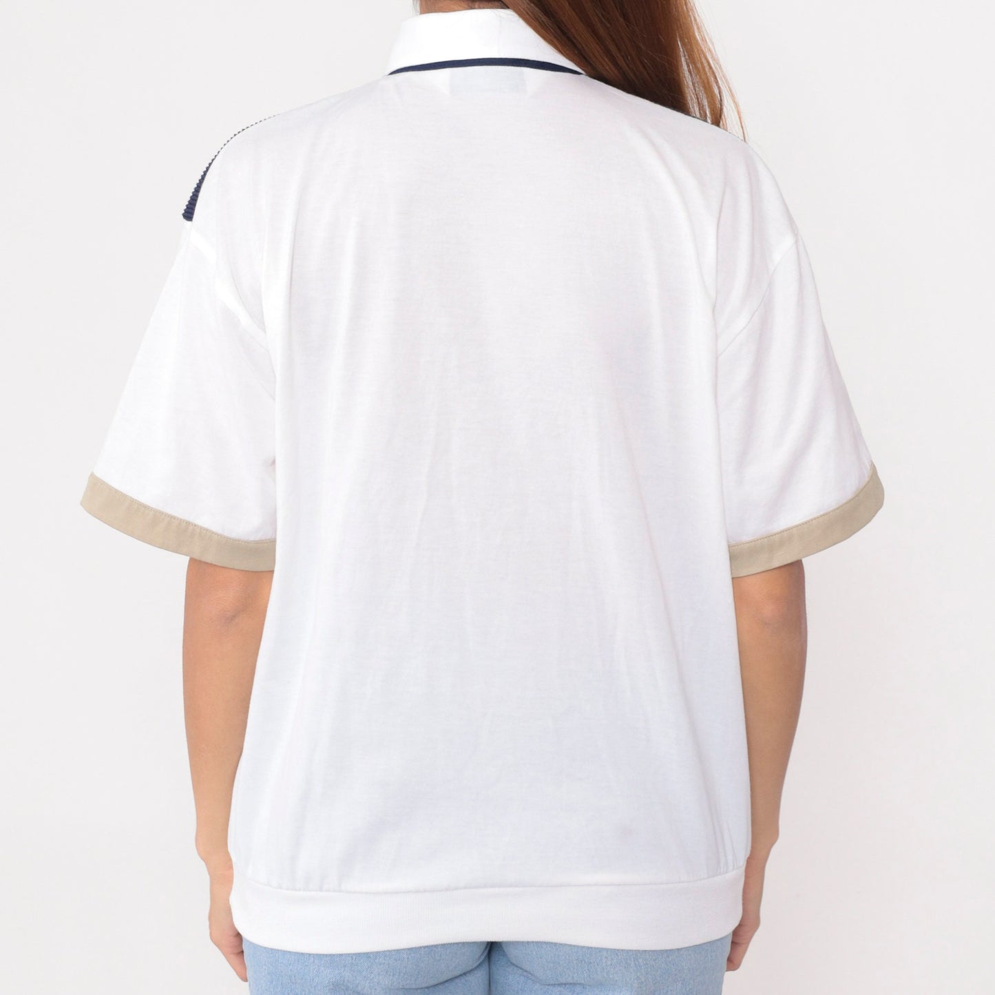 90s Striped Polo Shirt White Navy Blue Tan Collared Short Sleeve Medium