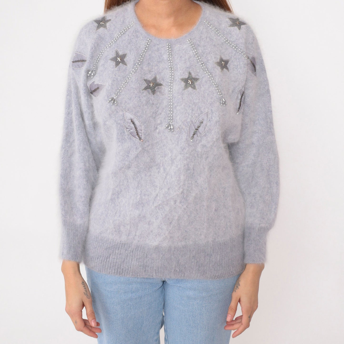 80s Beaded Star Periwinkle Mohair Blend Dolman Sweater Medium M