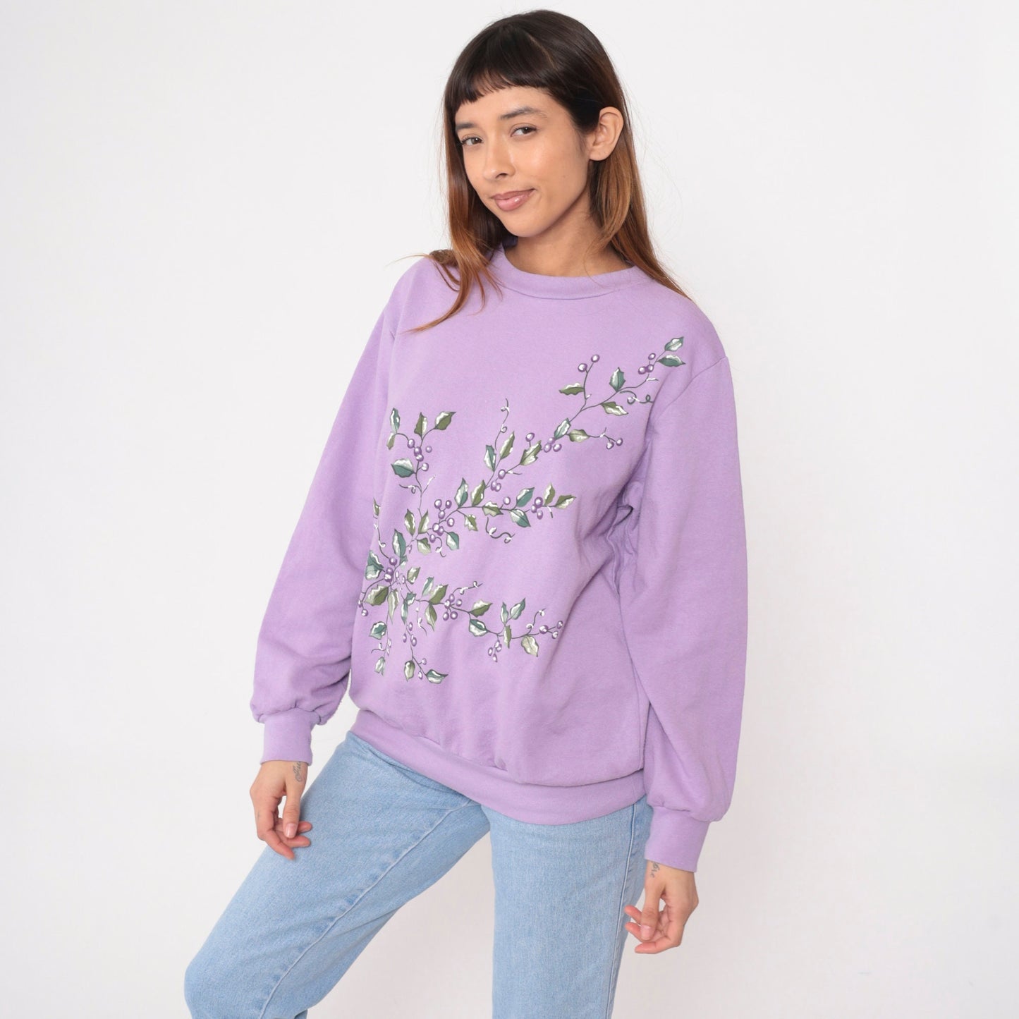 90s Lavender Sweatshirt Botanical Berry Leaf Graphic Crewneck Pullover Large L