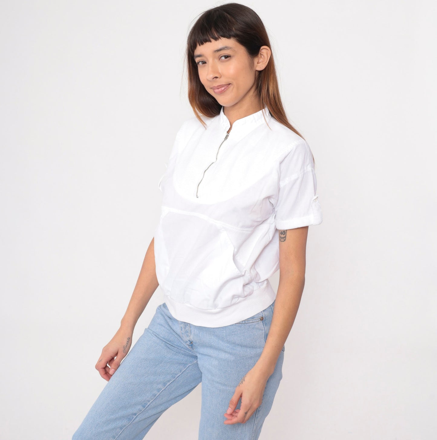90s Radius Quarter Zip White Cotton Shirt Kangaroo Pocket Small S