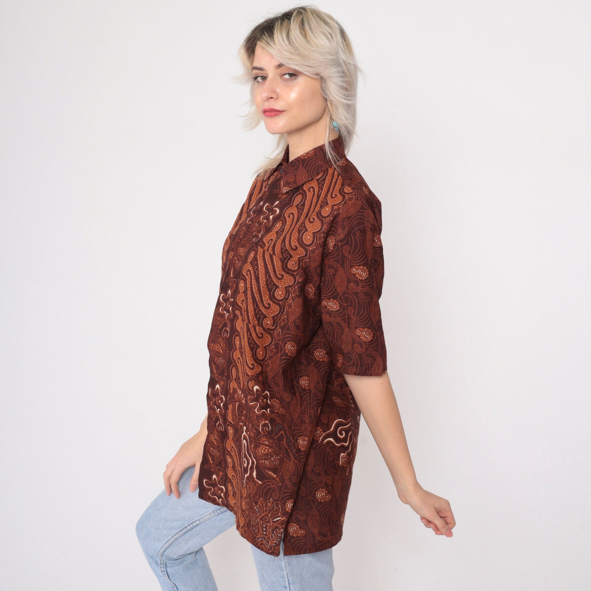 90s Batik Abstract Floral Button Up Shirt Brown Large