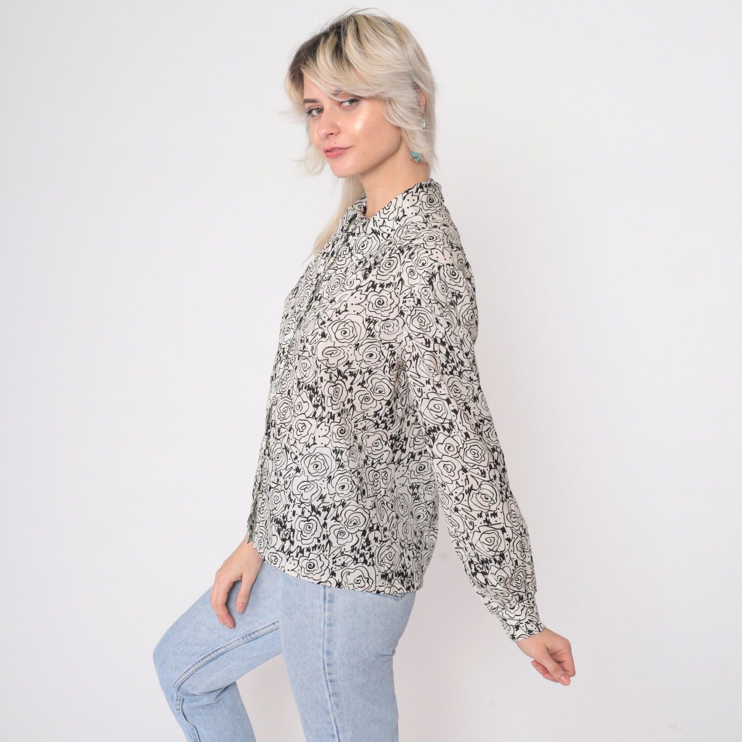 80s Abstract Floral Sketch Blouse Black White Puff Sleeve Button Up Medium