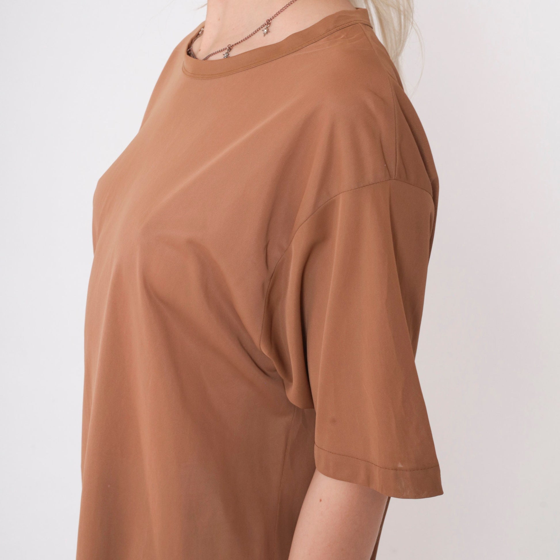 80s Light Brown Nylon Crewneck Blouse Short Sleeve Medium Large