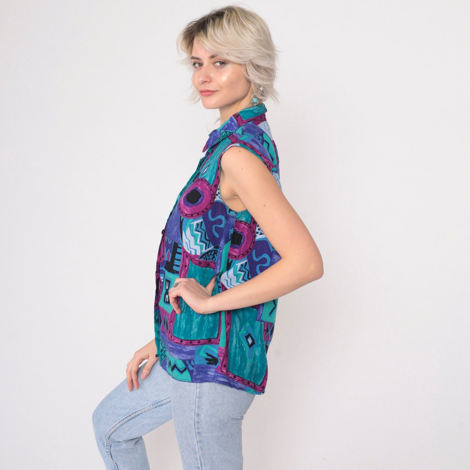 90s Geometric Patchwork Button-Up Tank Top Rayon Purple Blue Small
