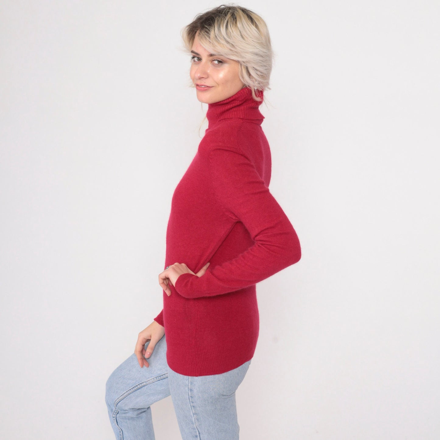 90s Vogue Angora Wool Turtleneck Sweater Cherry Red Knit Pullover Extra Small