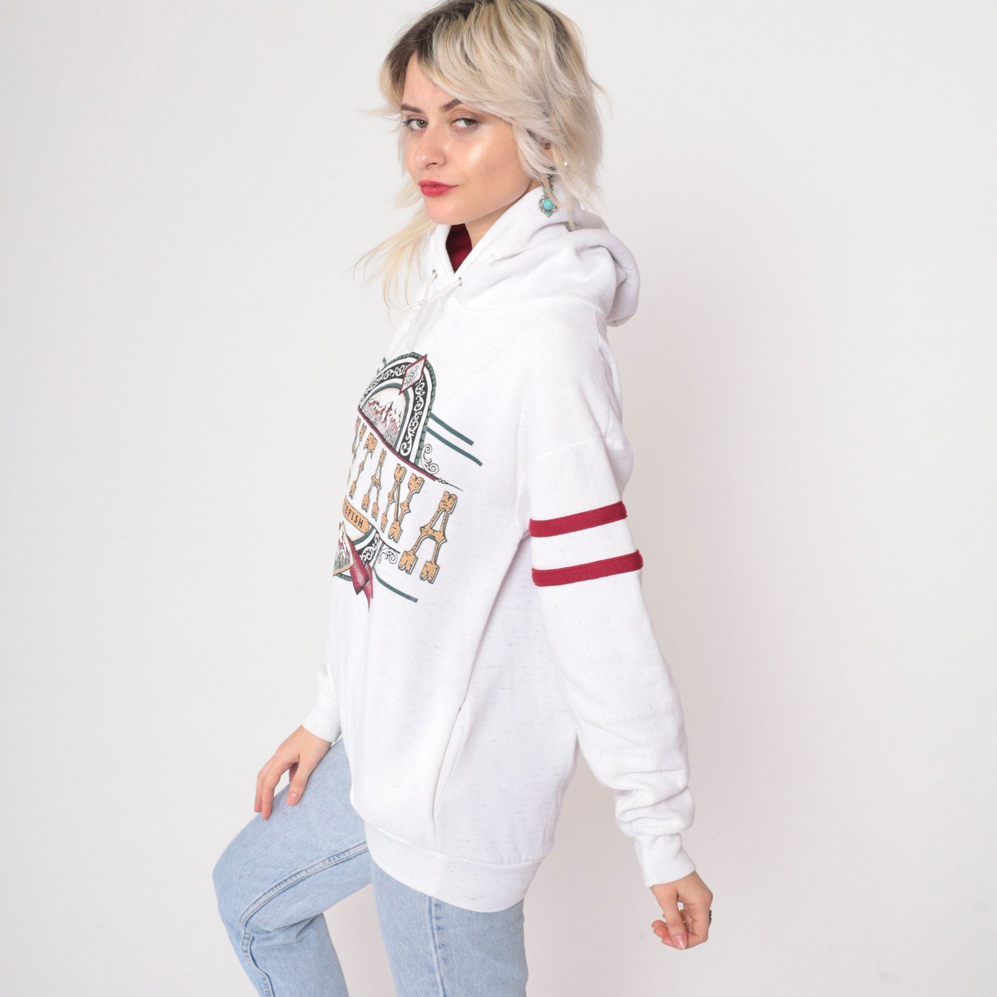 90s Whitefish Montana Hooded Sweatshirt White Graphic Pullover Medium
