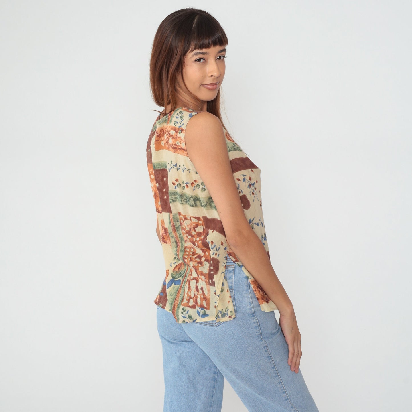 90s Patchwork Floral Button-Up Tank Top Brown Orange Green Small S
