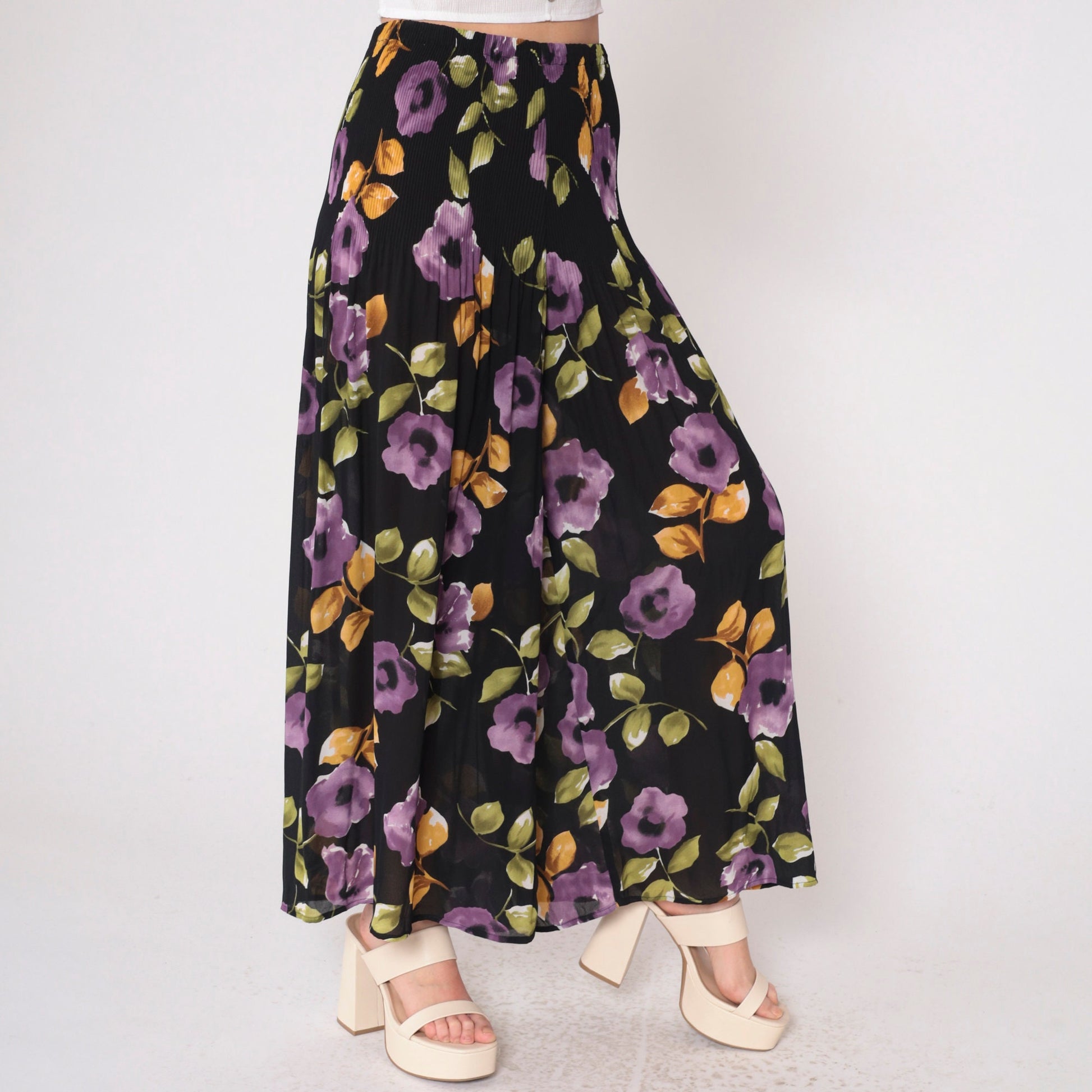90s Black Floral Palazzo Pants Semi-Sheer High Waist Pleated Wide Leg Small