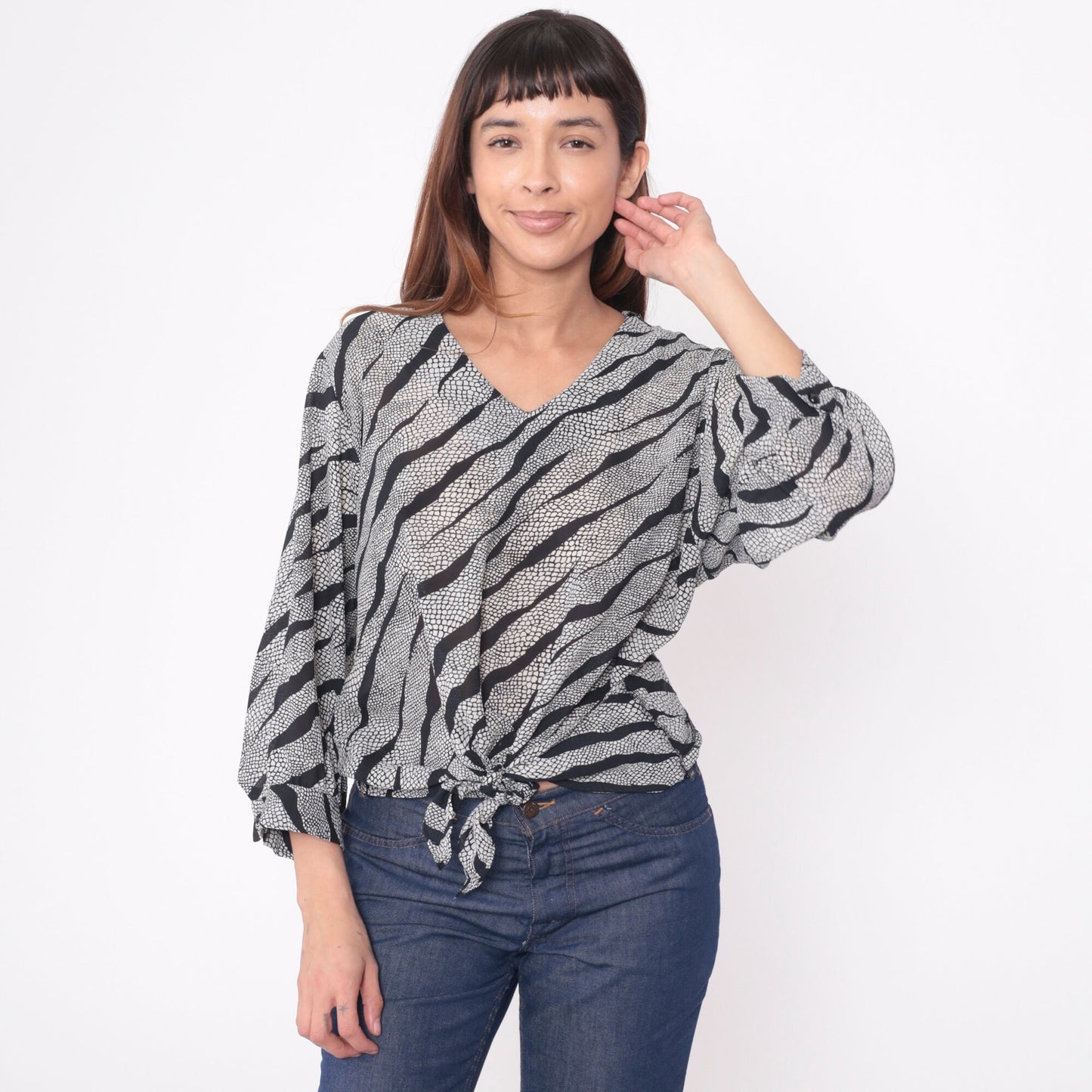 90s Animal Print Blouse Snakeskin Tiger Stripe Tie Waist V Neck Long Sleeve Black White Large L