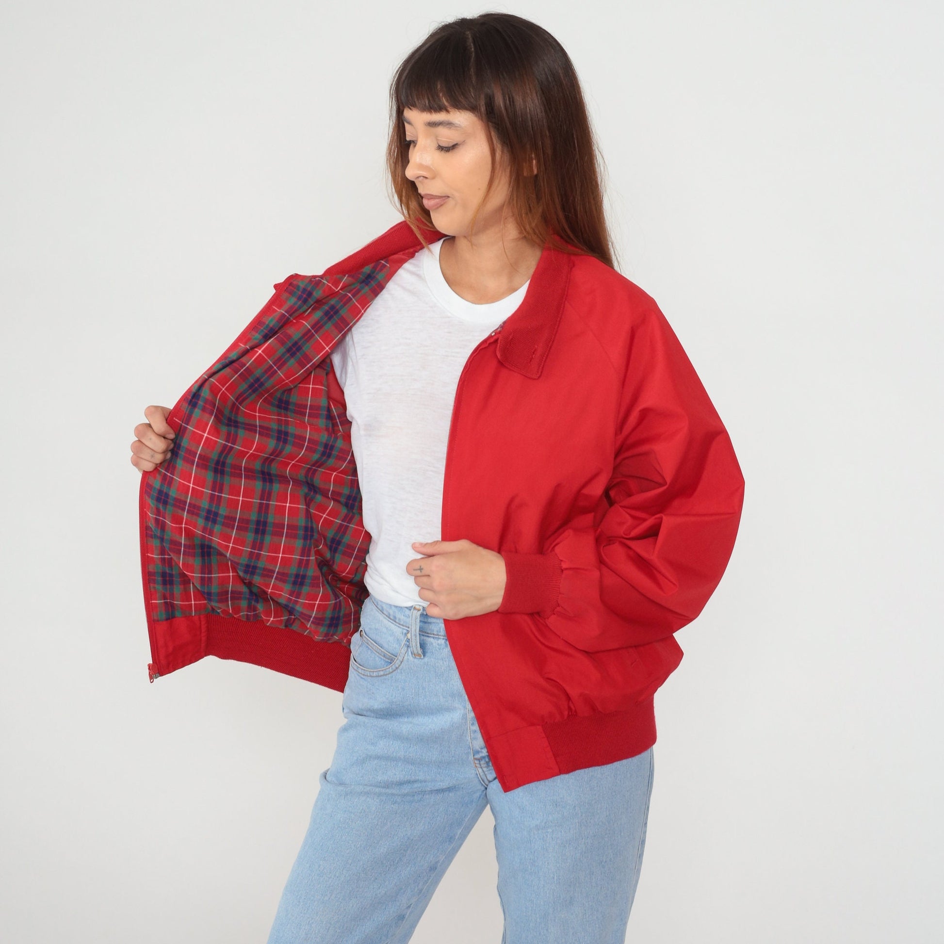90s Land's End Red Windbreaker Jacket Plaid Lined Zip Up Large