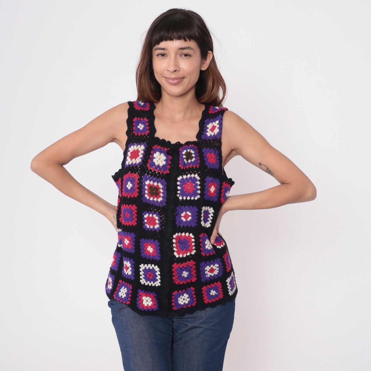 70s Crochet Granny Square Tank Top Patchwork Vest Black Pink Purple Small