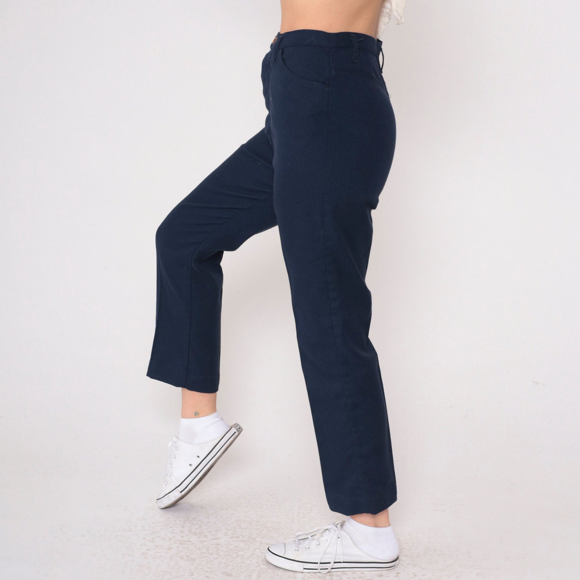 70s Navy High-Rise Straight Leg Trousers Creased Vintage Extra Small