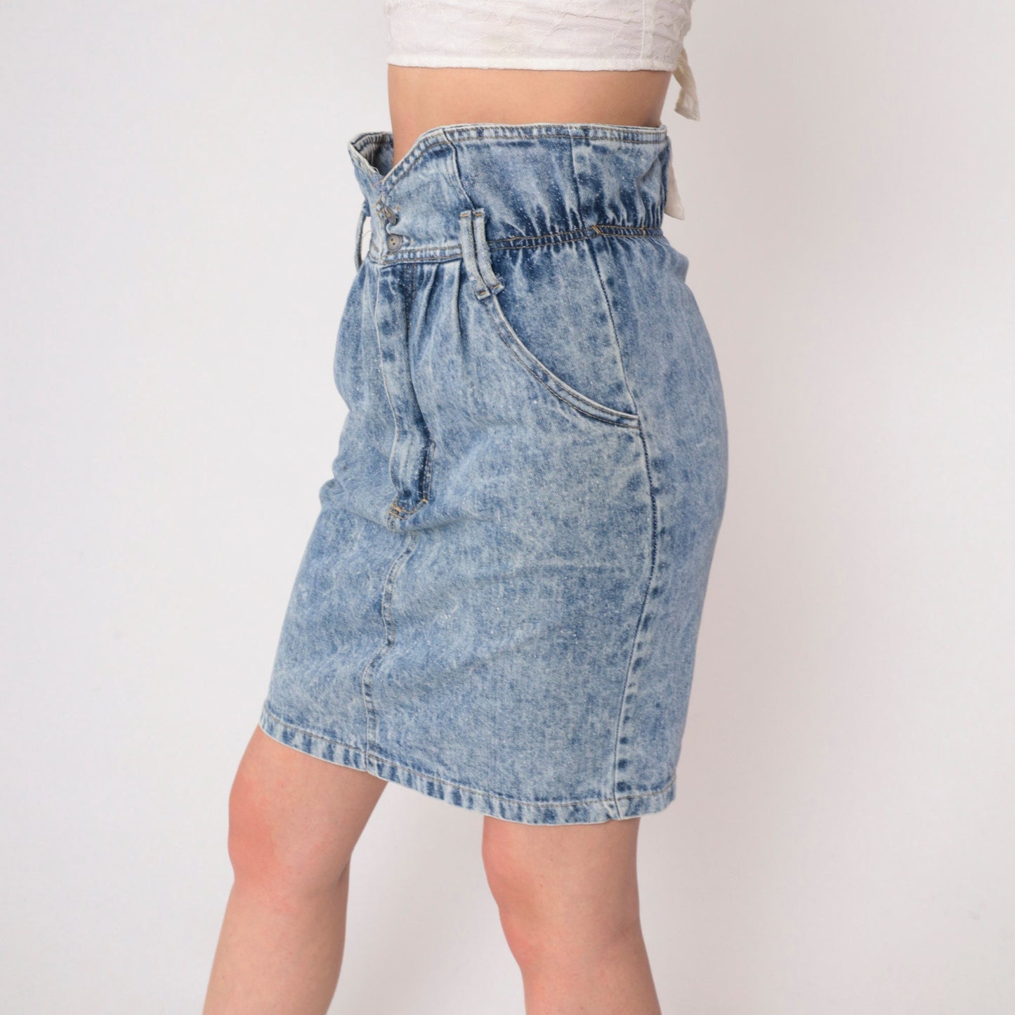 90s Acid Wash Denim Mini Skirt High Shirred Waist Blue Pencil Extra Small