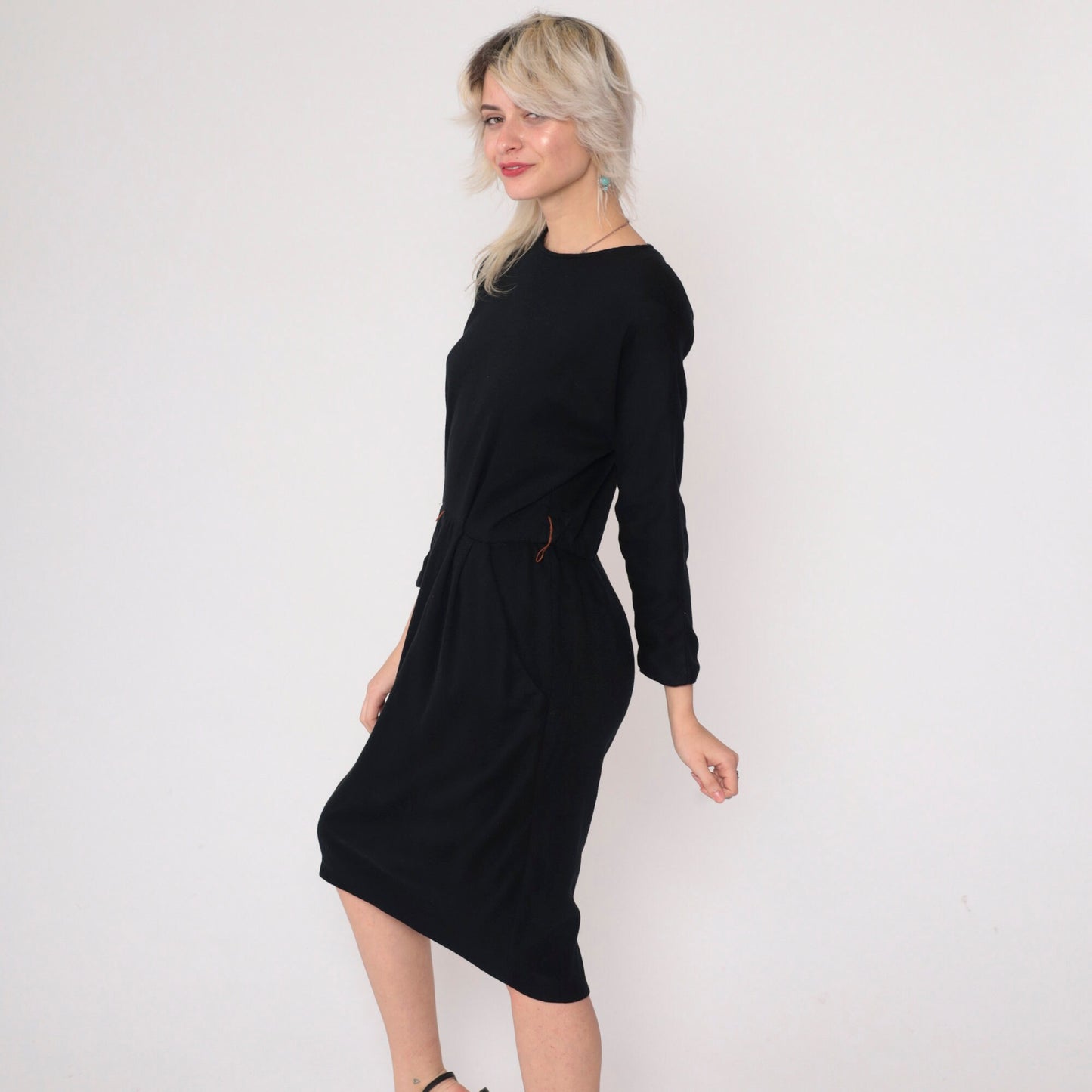 80s Black Midi Dress High Waist Pleated Pockets Long Sleeve Medium Large