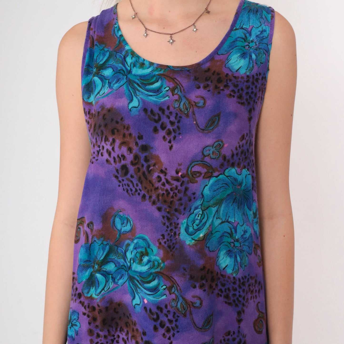 90s Caribou Floral Leopard Print Midi Dress Purple Blue Sleeveless Small