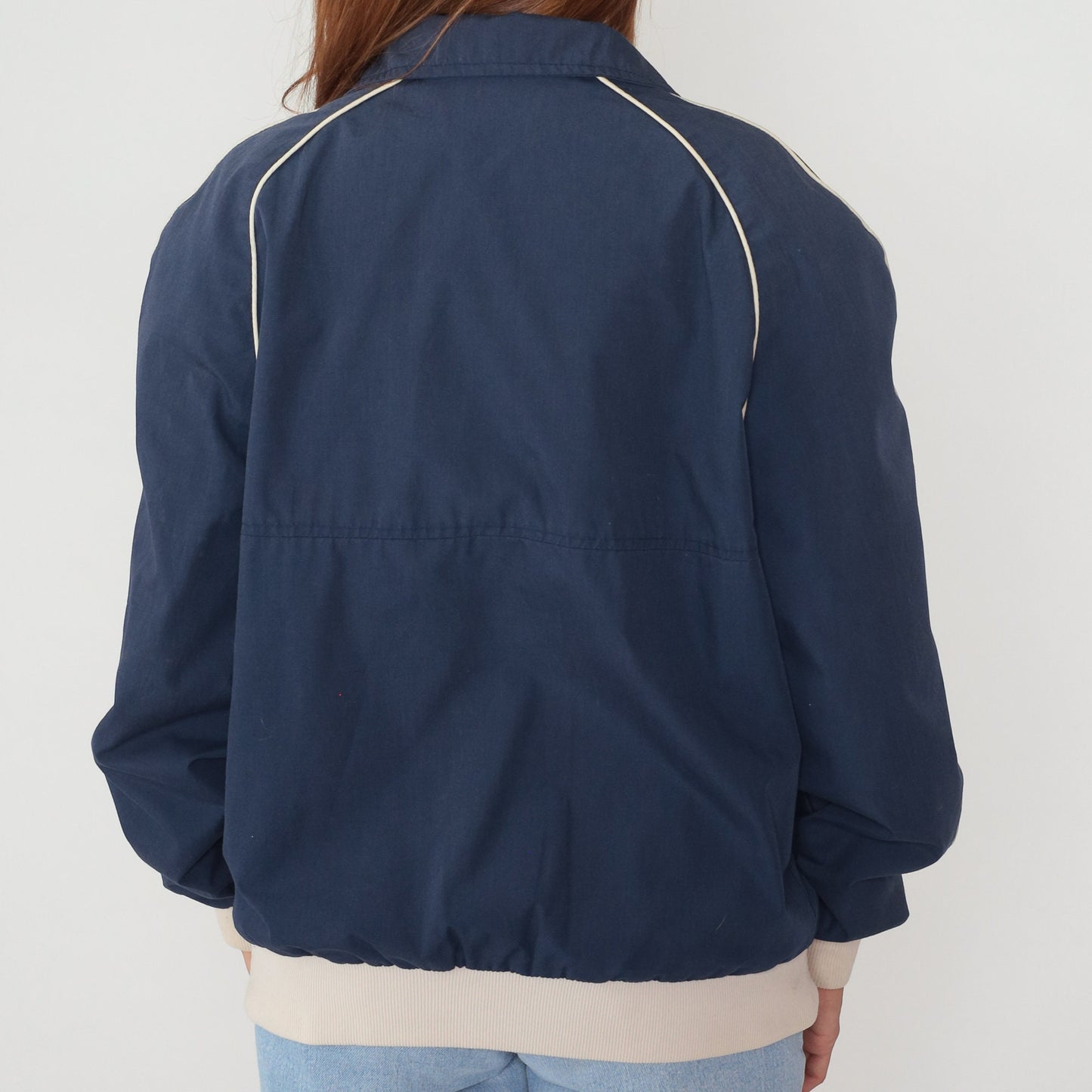 80s Navy Bomber Jacket Beige Trim Raglan Zip Windbreaker Large L