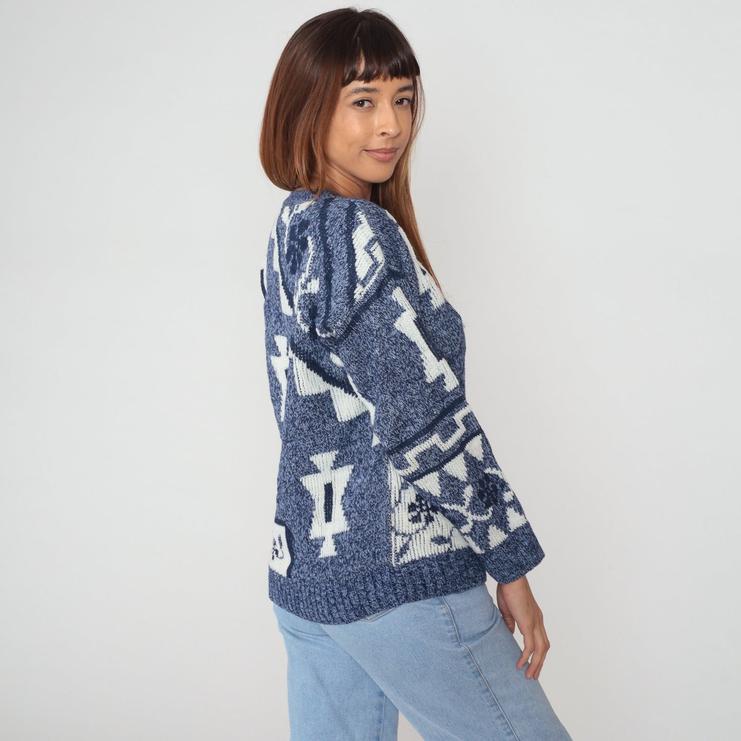 90s Blue Geometric Floral Knit Sweater Crewneck Pullover Small S