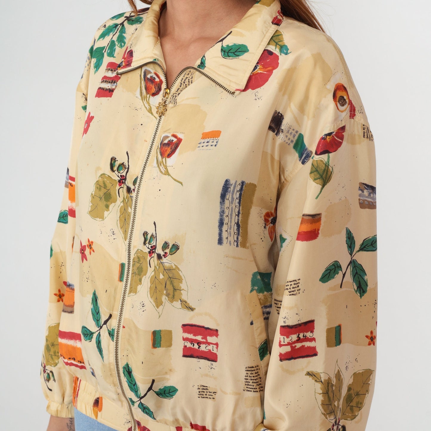 90s Wilson Silk Bomber Jacket Beige Floral Watercolor Print Medium M