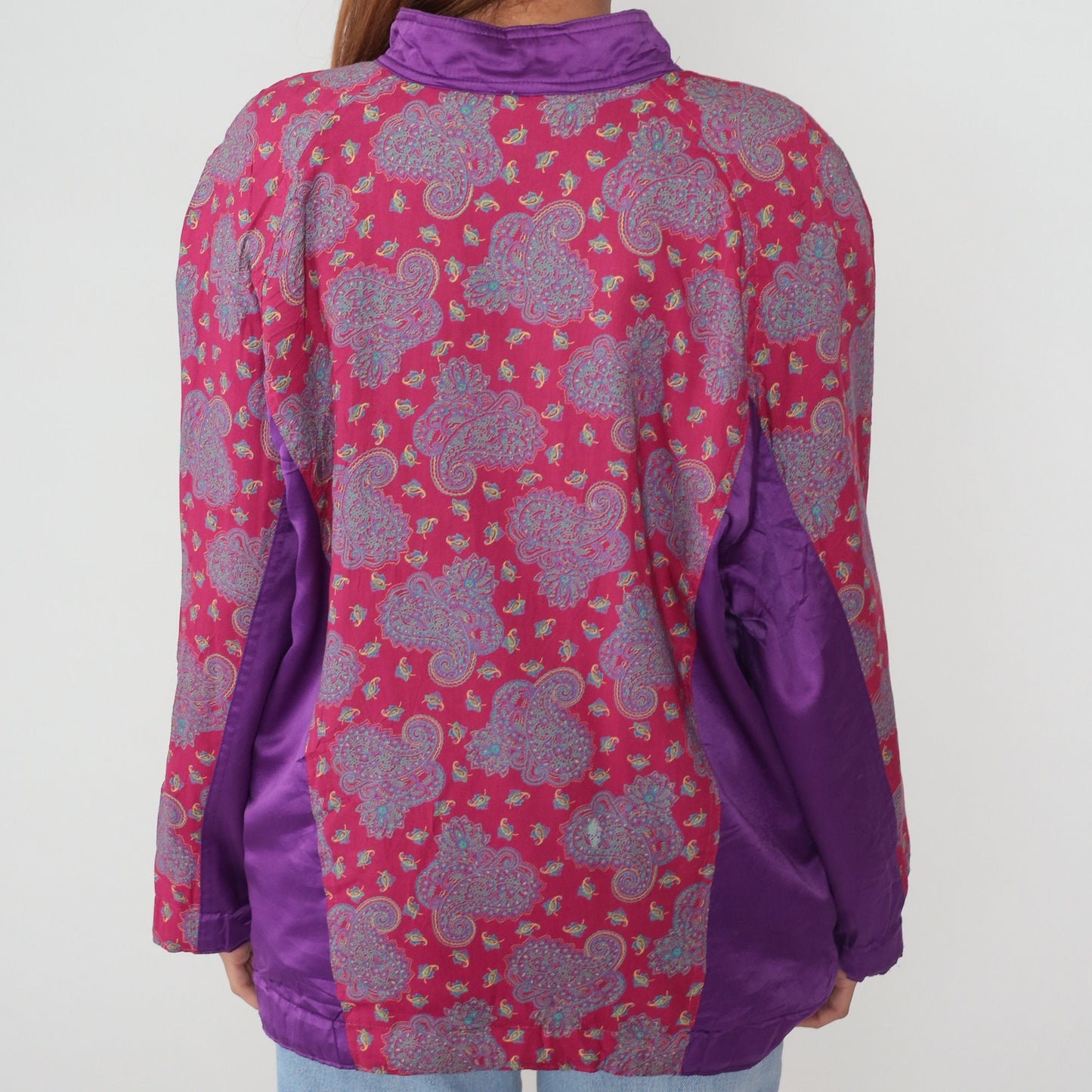 90s Paisley Silk Jacket Pink Purple Color Block Bomber Large L