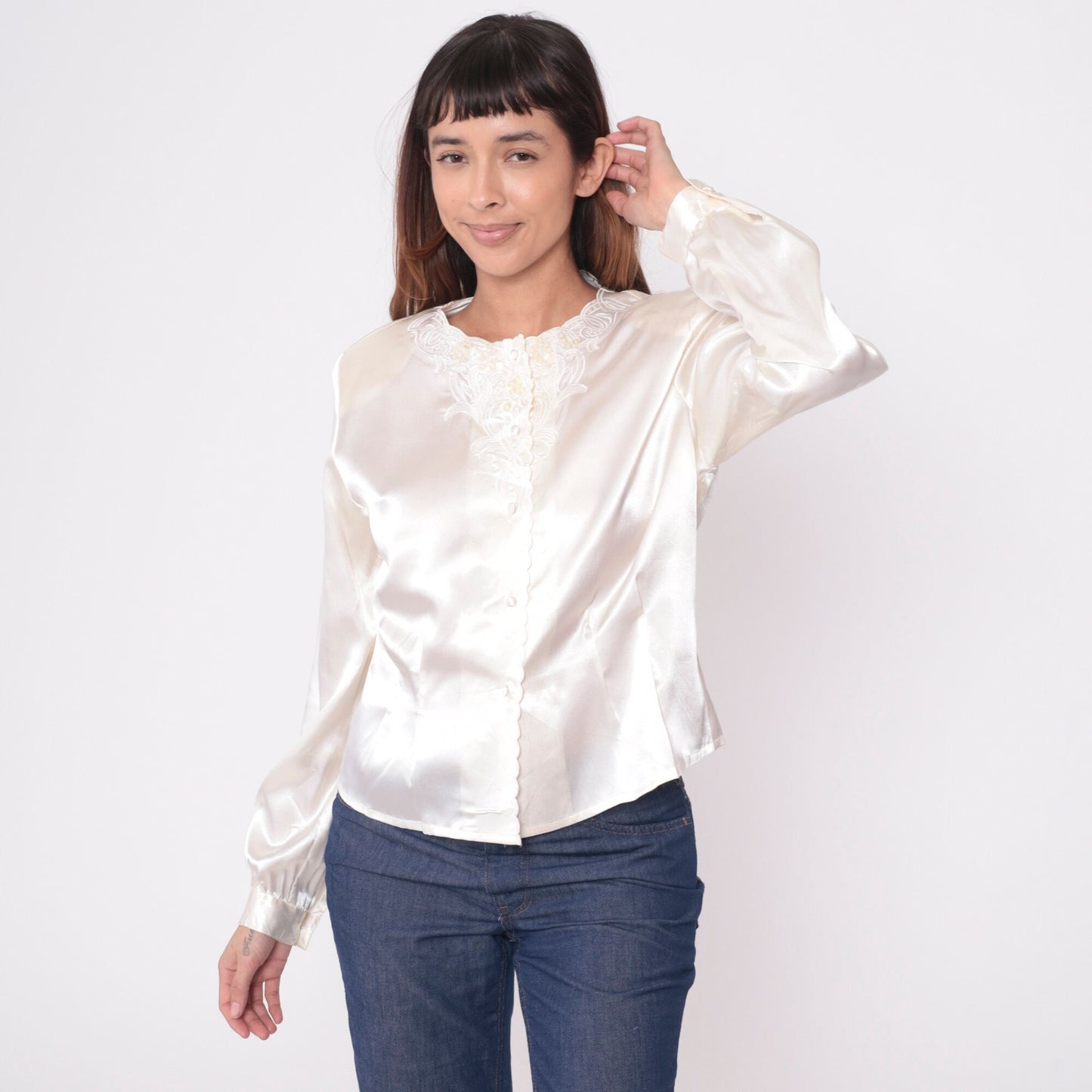 80s White Satin Blouse Embroidered Floral Beaded Sequin Long Sleeve Medium