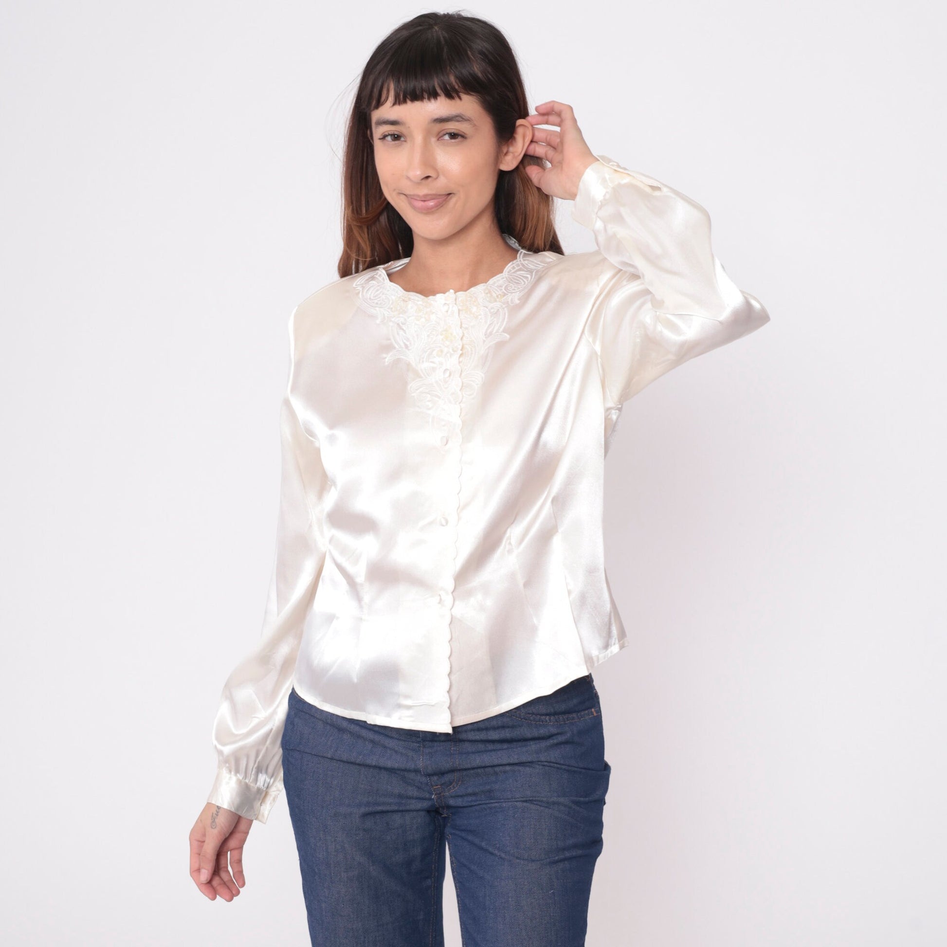 80s White Satin Blouse Embroidered Floral Beaded Sequin Long Sleeve Medium