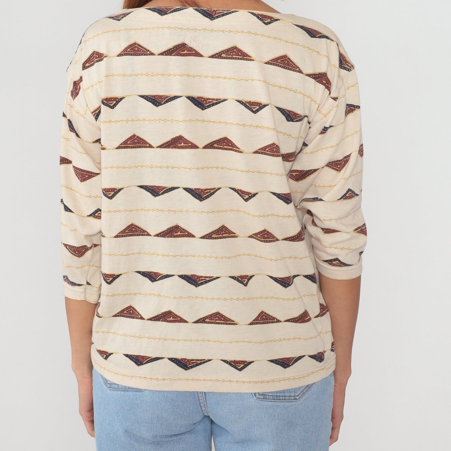 90s Outback Red Triangle Print Button Shoulder Blouse Beige Small