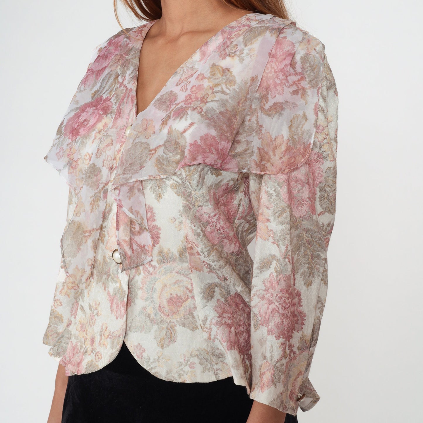 90s Floral Ruffle Blouse White Pink Button Up Long Sleeve Medium