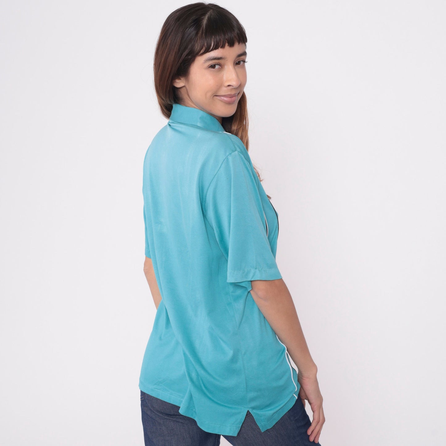 90s Cougar Golf Polo Shirt Blue Geometric Piping Stripes Medium