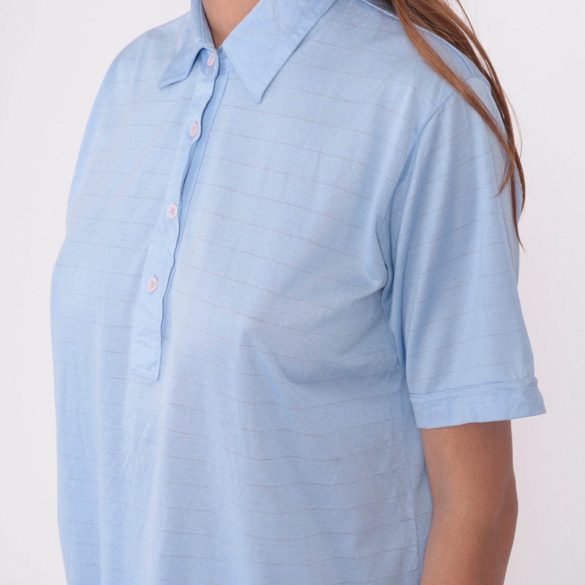 80s Lady Cougar Polo Shirt Baby Blue Grid Print Quarter Button Medium