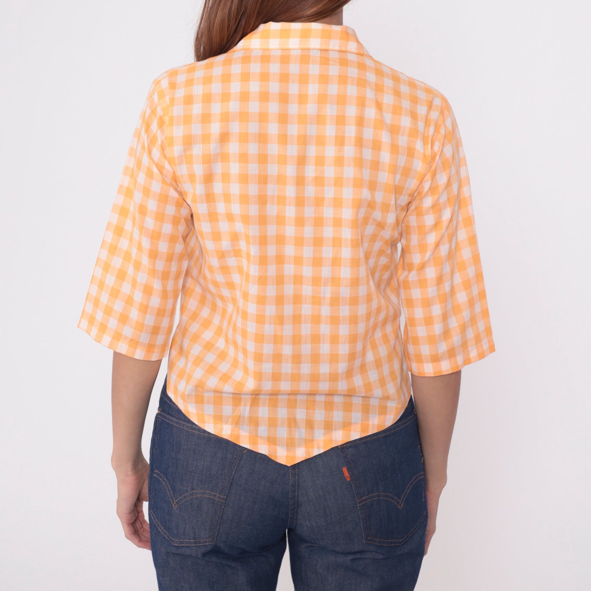 70s Ship n Shore Orange Gingham Blouse Vagabond Clown Embroidered 3/4 Sleeve Extra Small XS