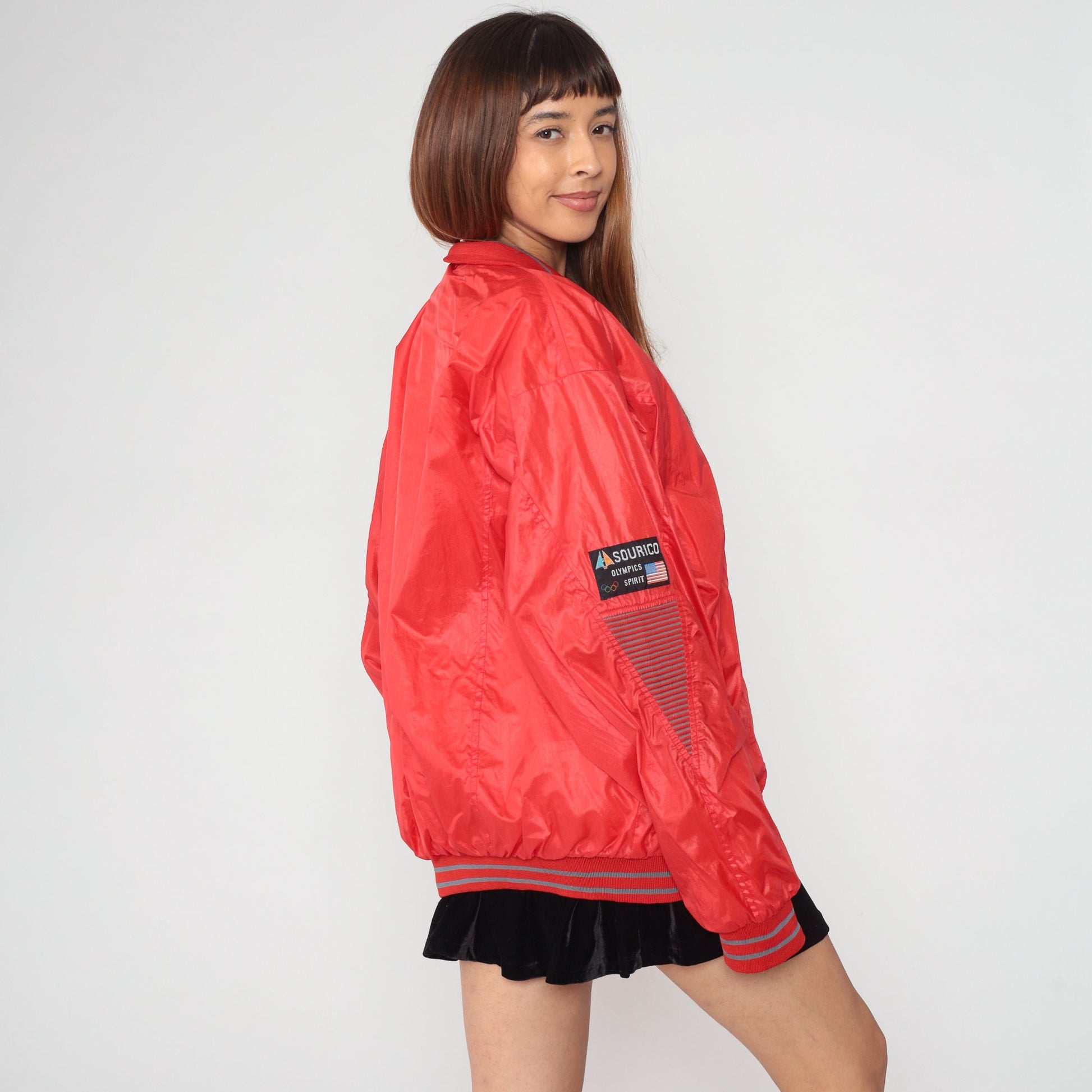 90s Sourico Bomber Jacket Red American Flag Olympics Spirit Zip Windbreaker XXL
