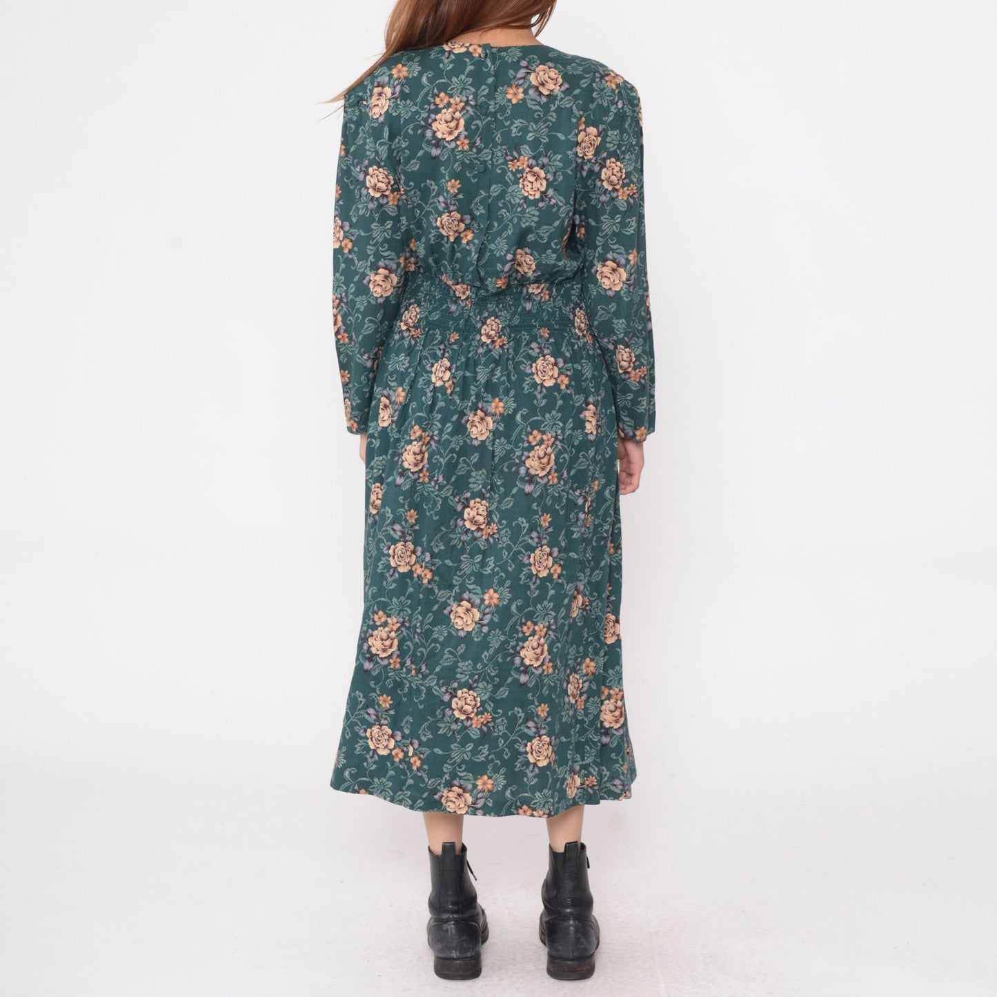 90s Karin Stevens Floral Midi Dress Green Orange Long Sleeve Drop Waist Extra Large