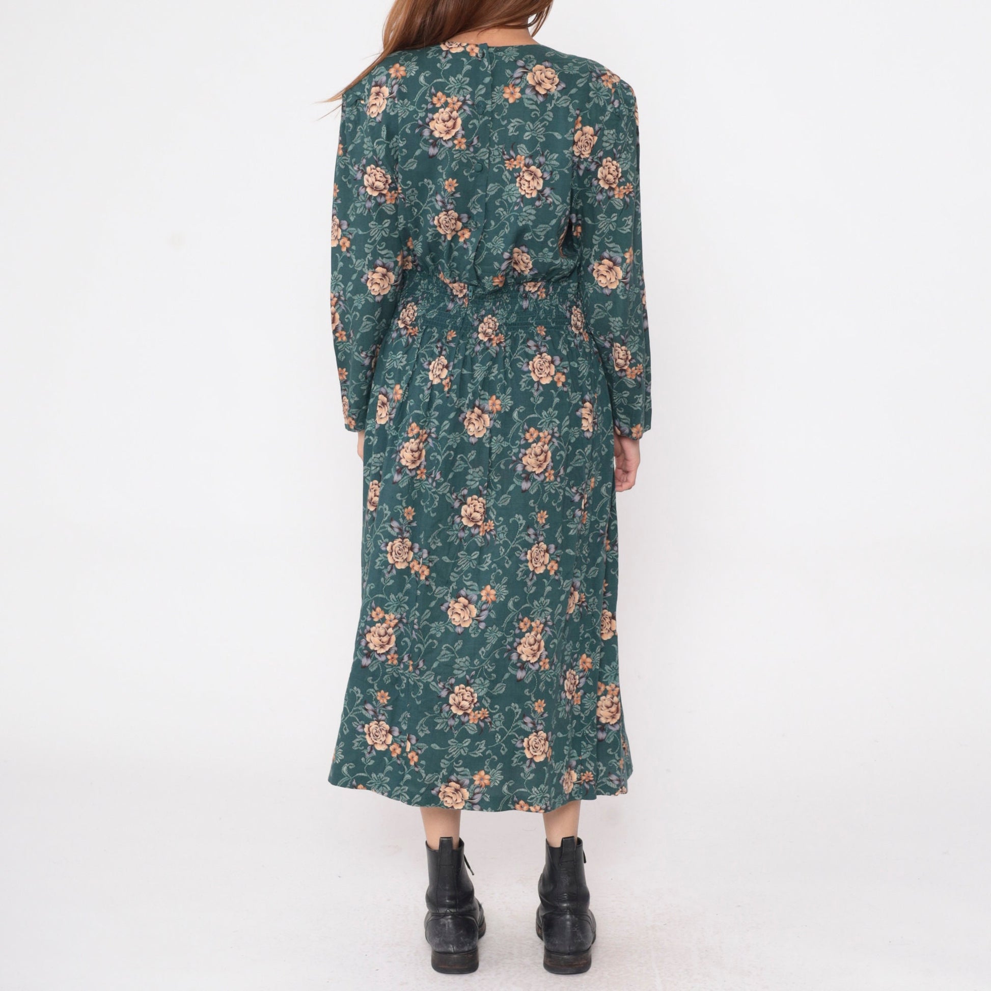 90s Karin Stevens Floral Midi Dress Green Orange Long Sleeve Drop Waist Extra Large