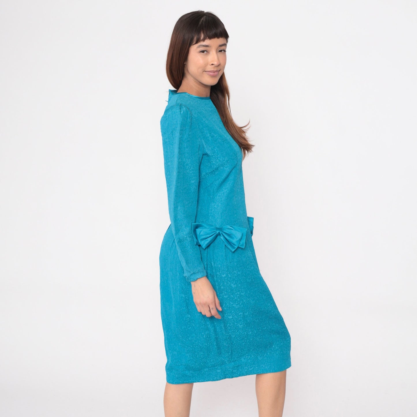 80s Richard Warren Turquoise Silk Midi Dress Puff Sleeve Bow Medium