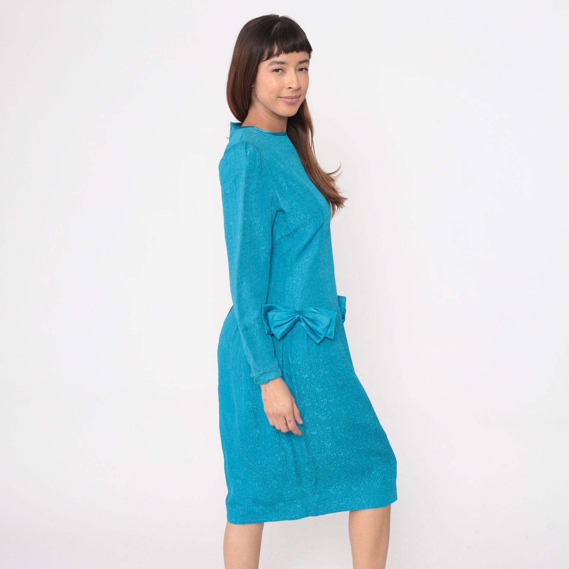 80s Richard Warren Turquoise Silk Midi Dress Puff Sleeve Bow Medium
