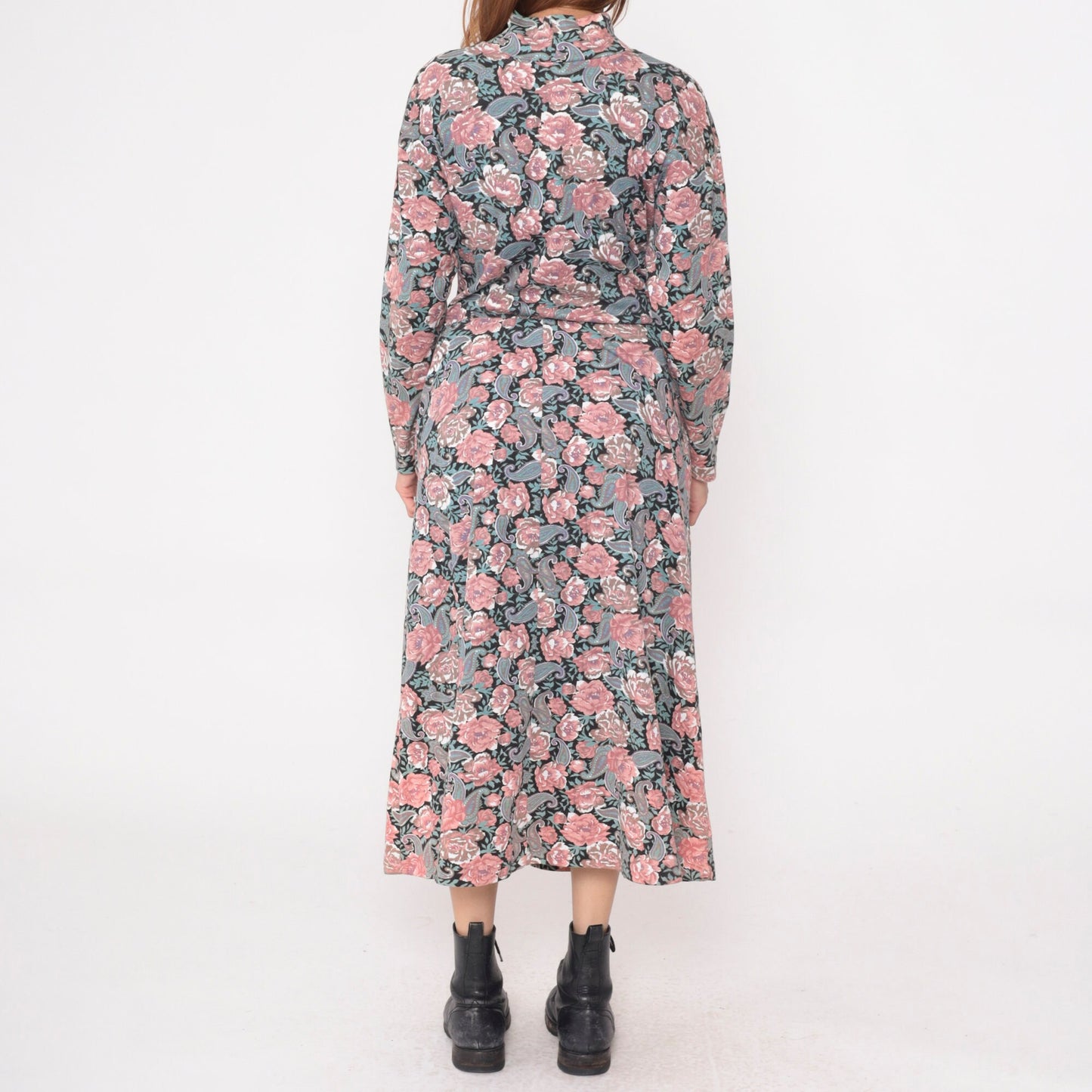 90s Floral Paisley Mock Neck Midi Dress Pink Blue Long Sleeve Small