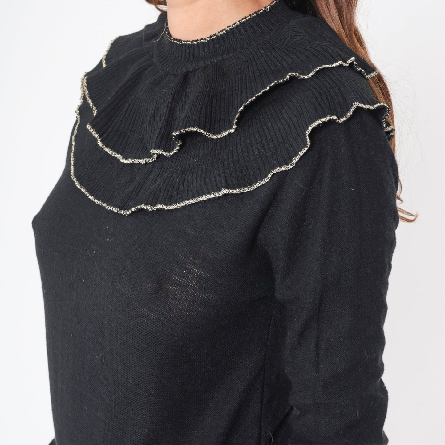 70s Black Sweater Double Bertha Collar Silver Metallic Trim Knit Pullover Extra Small
