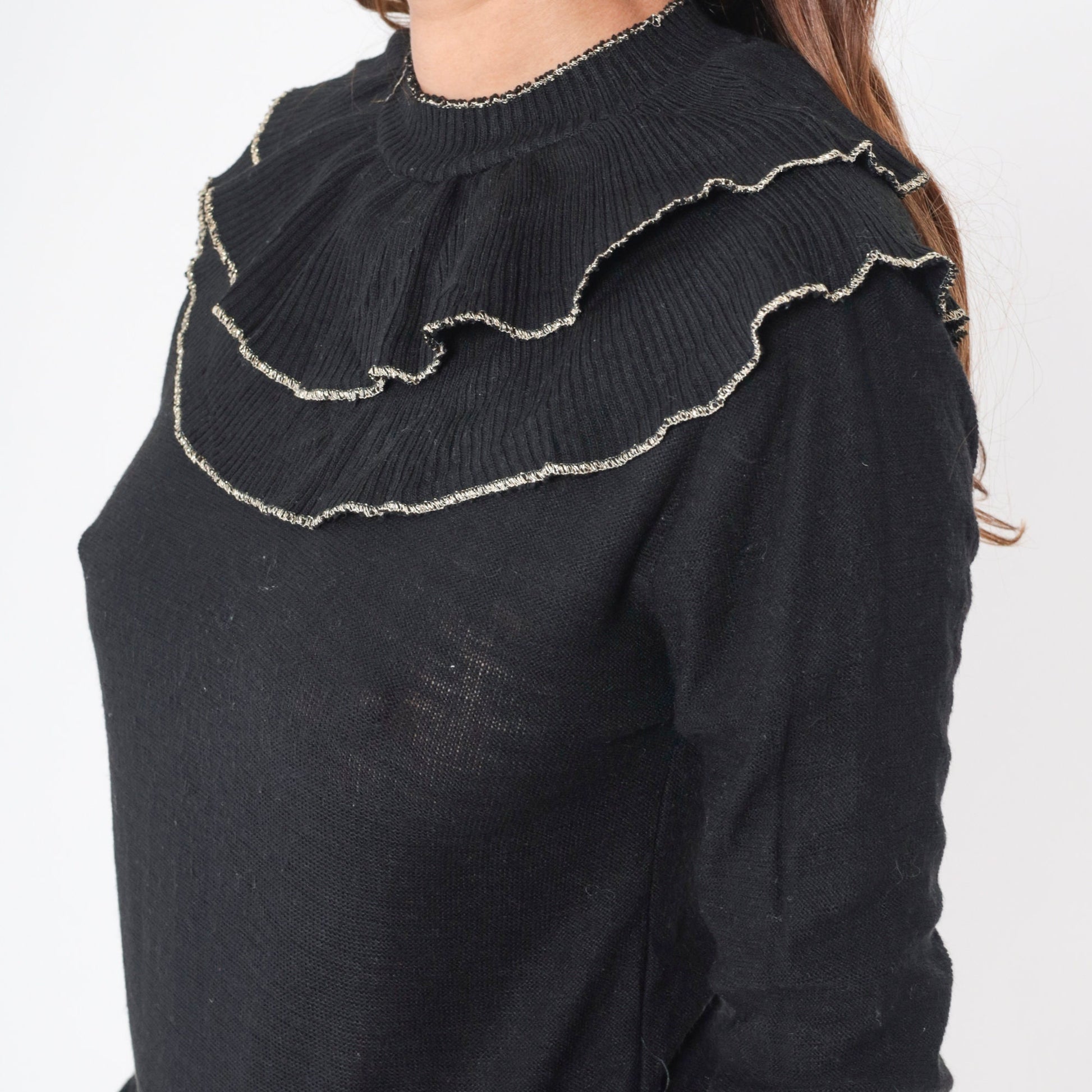 70s Black Sweater Double Bertha Collar Silver Metallic Trim Knit Pullover Extra Small