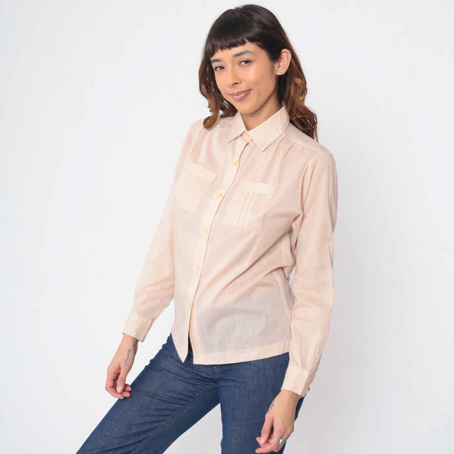 70s 80s College Town Beige Button-Up Shirt Chest Pockets Long Sleeve Small