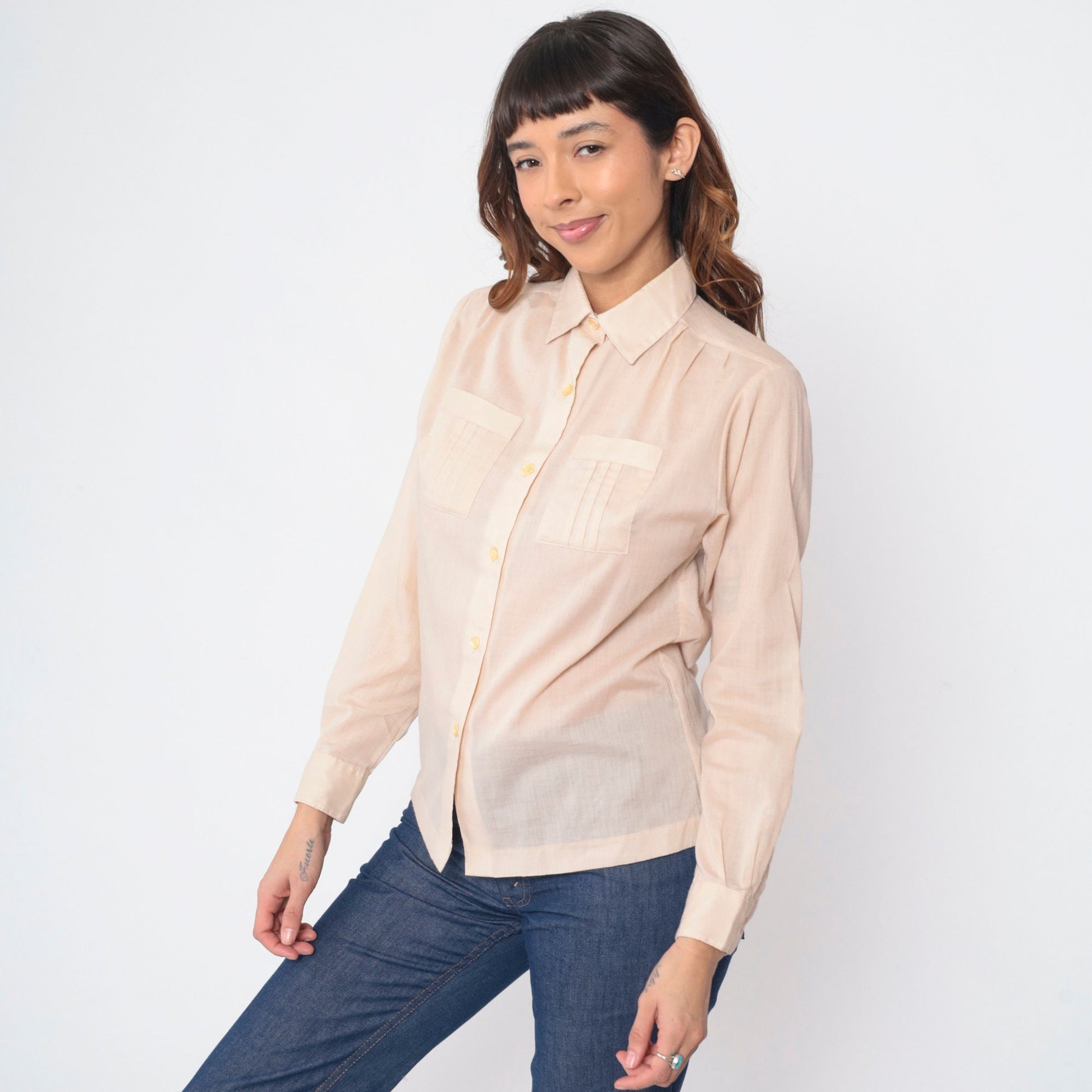 70s 80s College Town Beige Button-Up Shirt Chest Pockets Long Sleeve Small