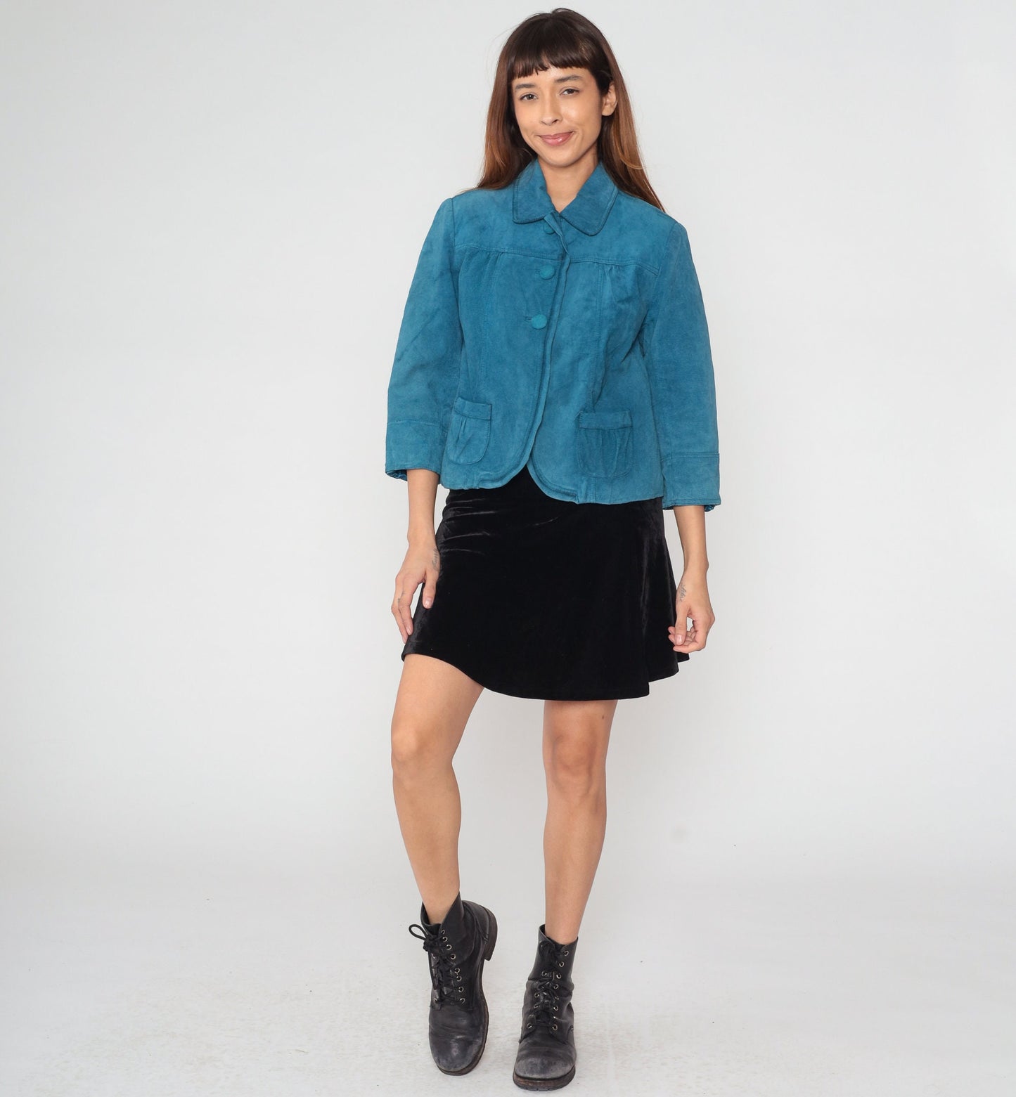 Y2K Chico's Blue Suede Jacket Cropped Button-Up 3/4 Sleeve Extra Small