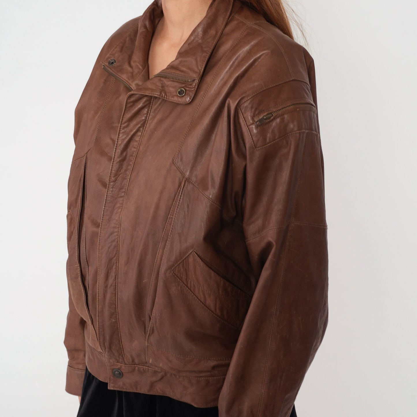 90s Brown Leather Bomber Jacket Zip Biker Moto Cafe Racer Large L