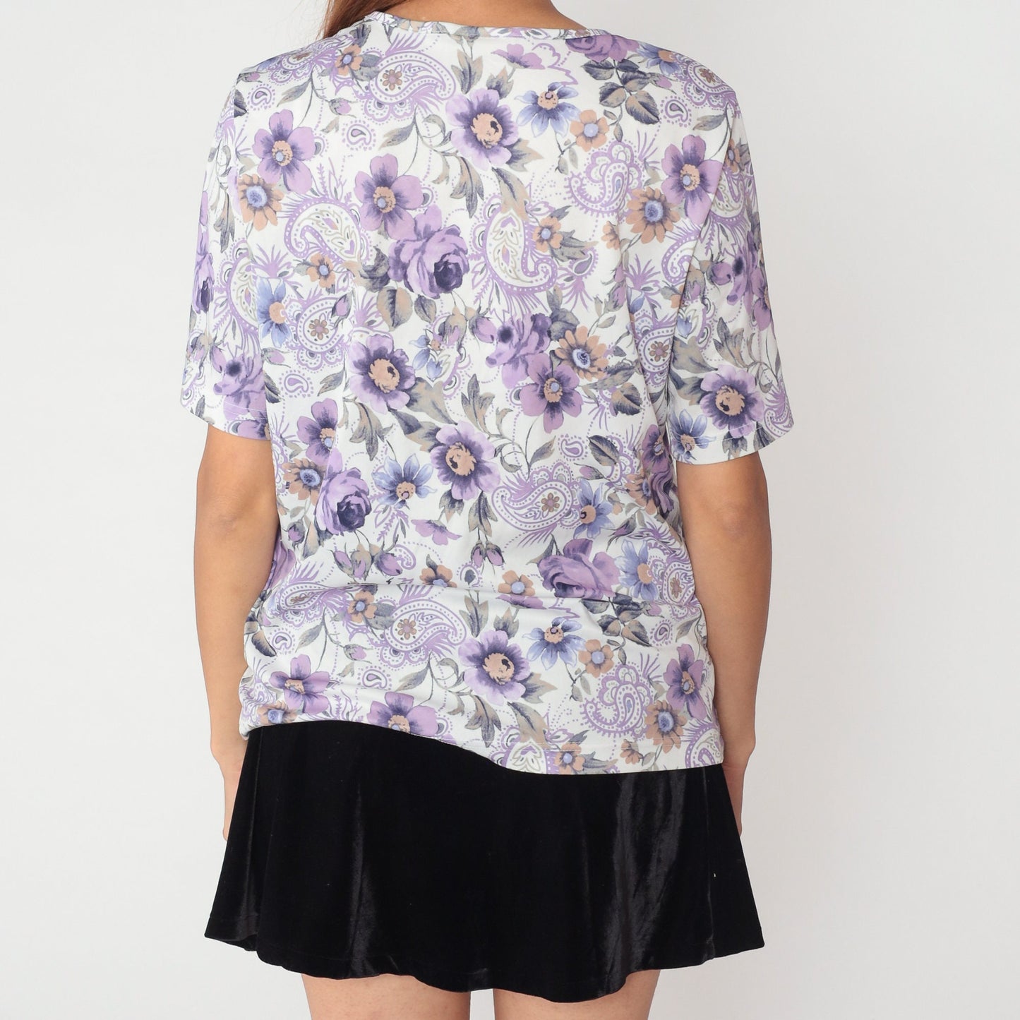 90s Purple Paisley Floral Print Blouse White Short Sleeve Top Large L