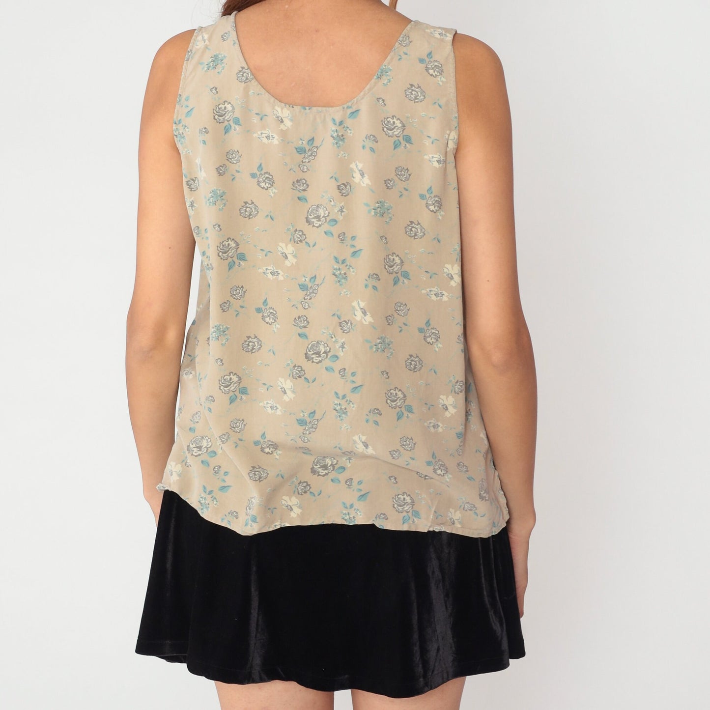 90s Silk Floral Tank Top Tan Rose Print Sleeveless Blouse Large L