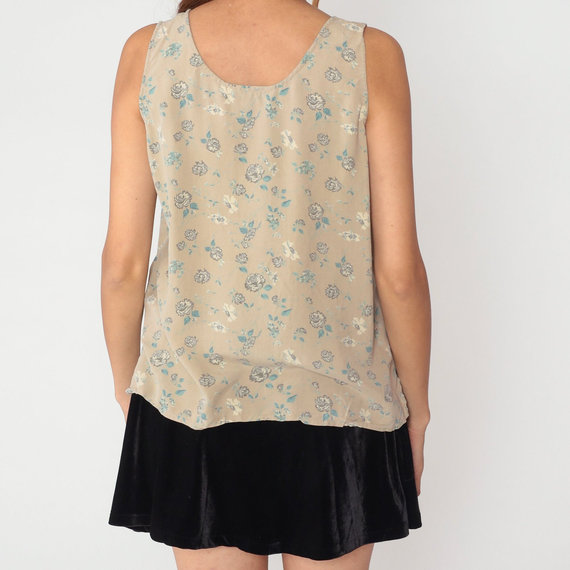 90s Silk Floral Tank Top Tan Rose Print Sleeveless Blouse Large L