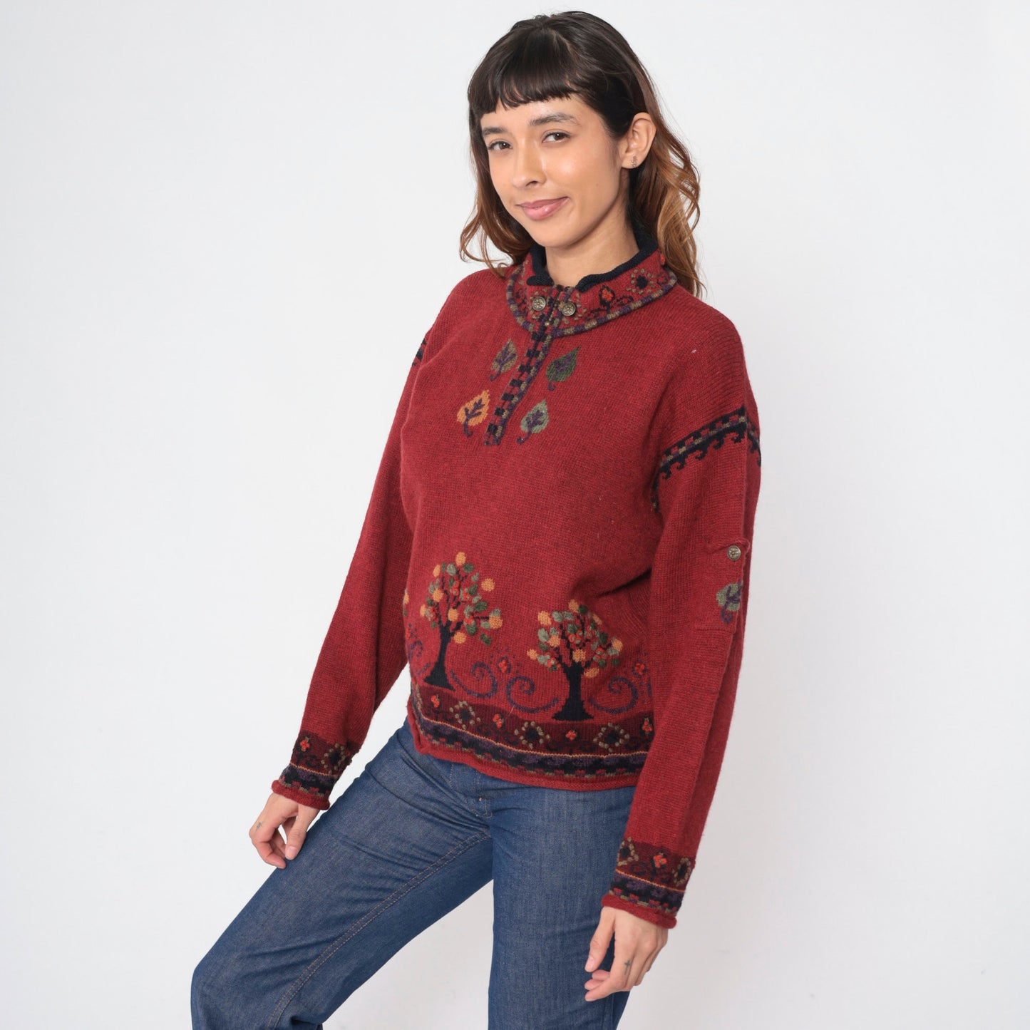 Y2K Icelandic Wool Sweater Quarter Zip Tree Print Red Medium
