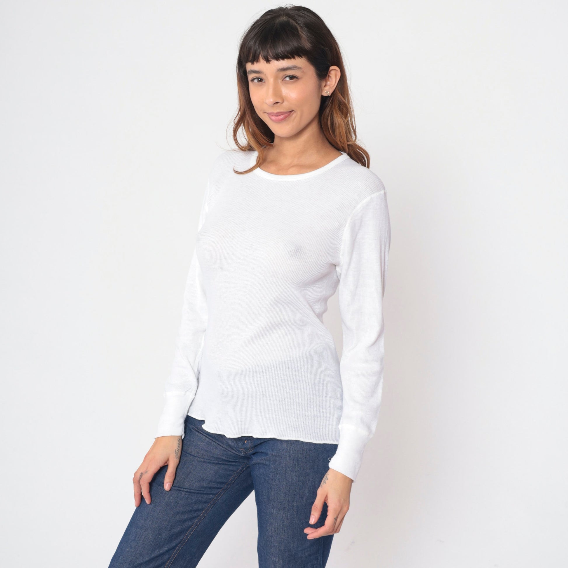 80s White Thermal Waffle Knit Long Sleeve Undershirt Medium